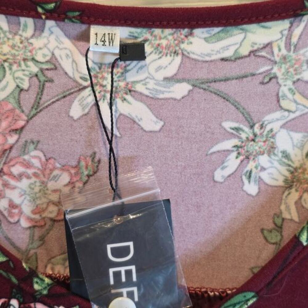Floral Tunic Baby Doll Henley Top Empire Waist Sz 14 W Plus Burgundy Red Flare - Picture 7 of 12